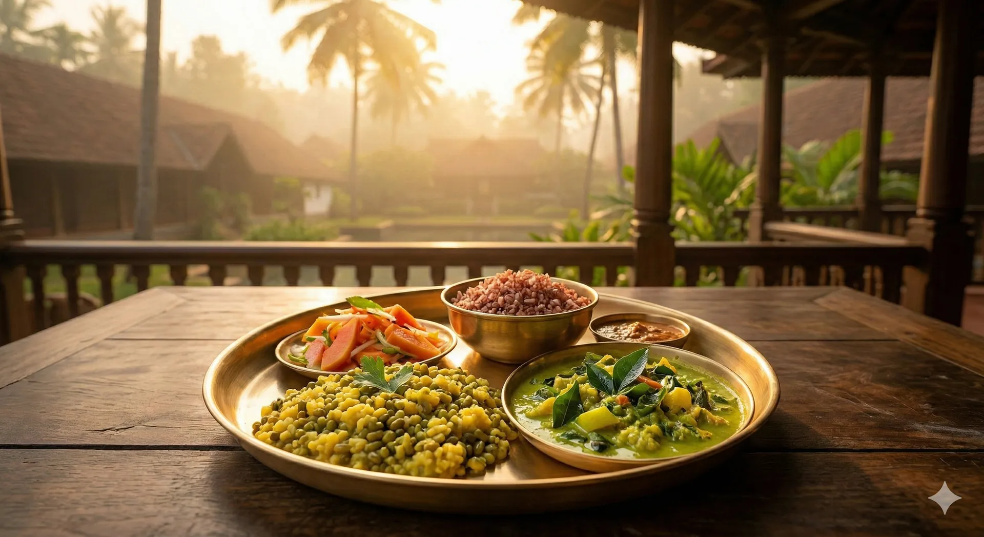 Thali sattvique servi pendant une cure : riz complet, légumes, dhal et chutney