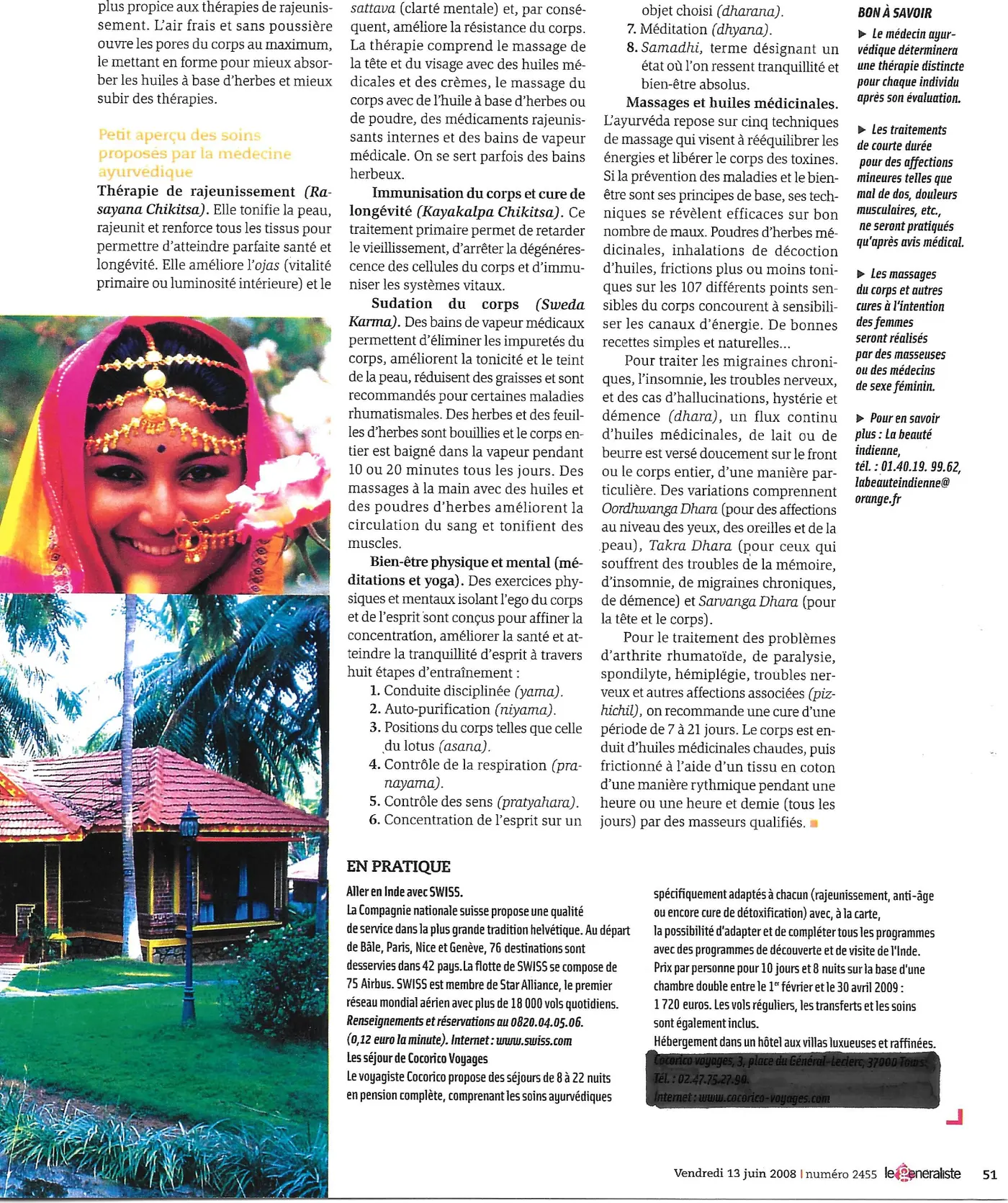 Page 51 du Généraliste du 13 juin 2008, détail des soins ayurvédiques et encadré « Bon à savoir »